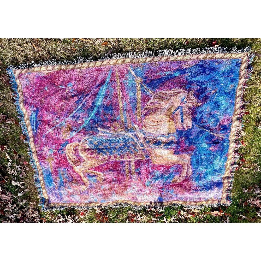 Carousel Horse Merry Go Round -Cotton Woven Blanket Throw Made in the USA 72x54